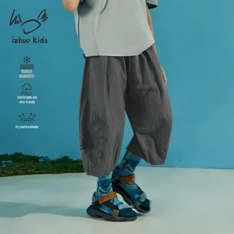 Kids  Frog Print Wide-Leg Cropped Casual Pants 140