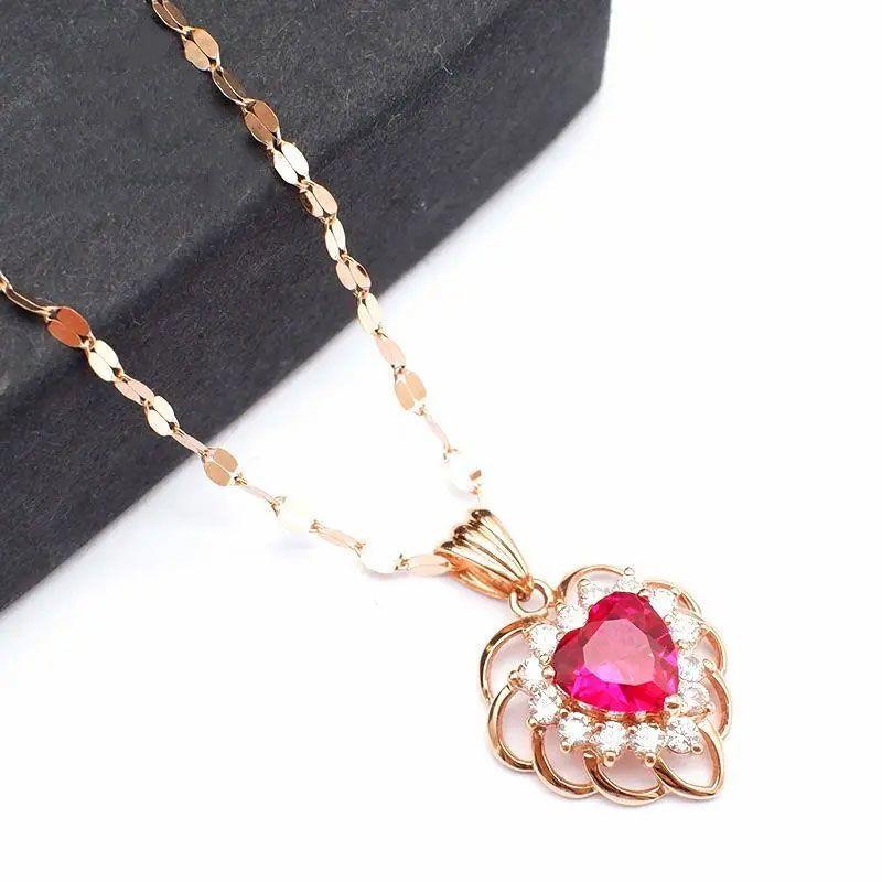 Exquisite Rose Gold Plated Russian Purple Gold Inlaid With Love Red Stone Pendant Fashion Temperament Colored Gold Necklace Collarbone Chain