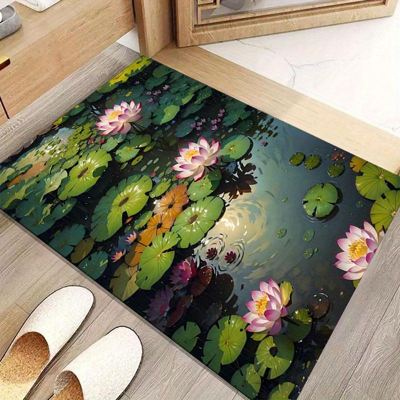 

1pc Non Slip Crystal Velvet Mat Vibrant Pink Yellow Lotus Pond Soft Polyester Floor Mat with Rubber Backing 50x80cm