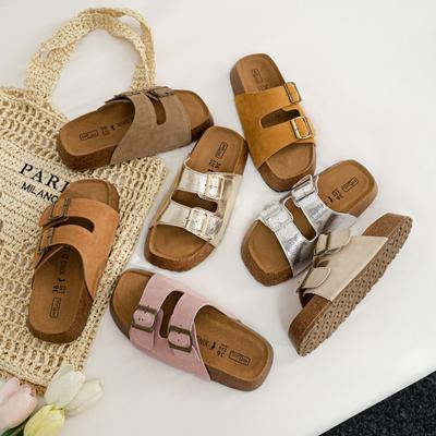 Genuine Leather Bocken Slippers Female Thick Bottom Generous Head Double Row Buckle Non-slip Beach Shoes Summer Outside Wear Bocken Sandals Slippers