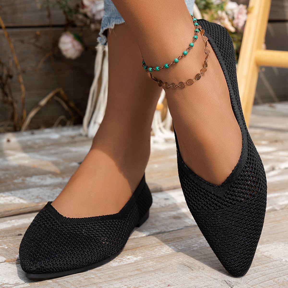 

Модные женские туфли на плоской подошве с острым носком, однотонные трикотажные туфли без застежек, повседневные дышащие балетки для женщин, туфли на плоской подошве, женские мокасины 43