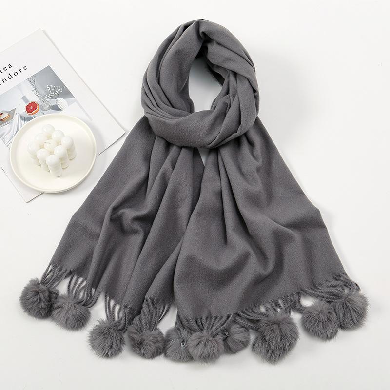 Hot-selling New Solid-color Hairball Imitation Cashmere Scarf In Autumn and Winter, Versatile Fashionable Velvet Thickened Fringed Warm Scarf