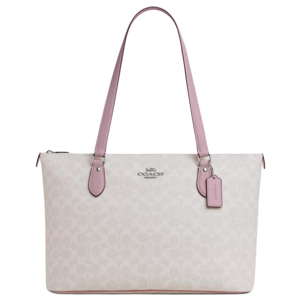 Coach White Signature Canvas Large Zip Tote Bag with Pink Leather Trim for Daily Use
