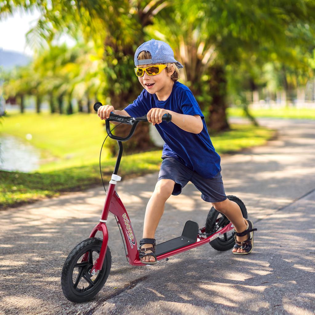 Kinderroller Trittroller, mit 12" EVA-Reifen, Hinterradbremse, Große Räder Roller für 5-12 Jahre, Rot
