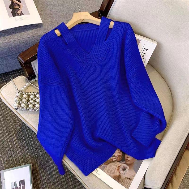 Women Sweater Autumn Loose V-neck Knitted Pullovers Solid Soft Knitwear Bottoming Shirts Ladies Jumpers Basic Sweaters