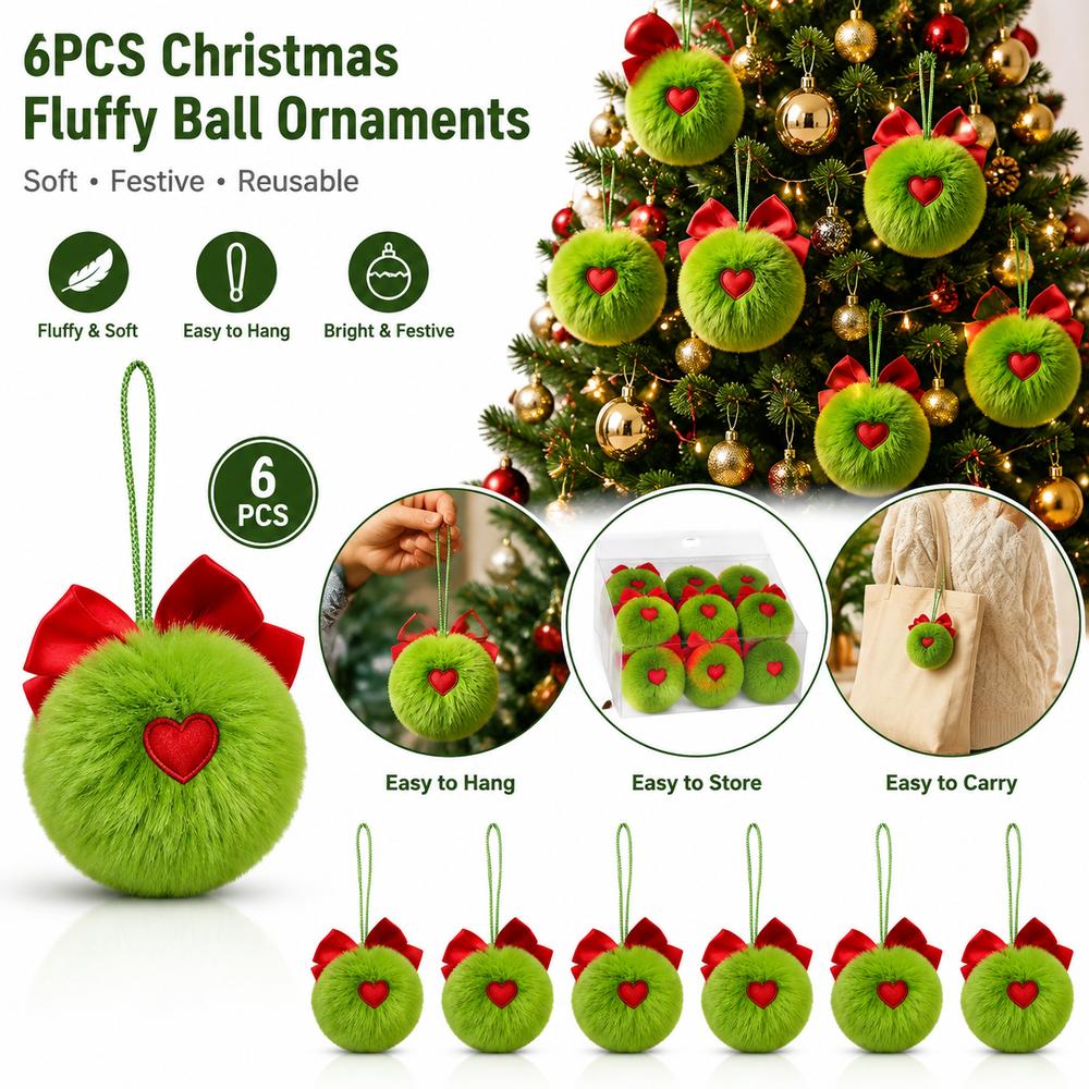 6PCS Santa Hat Christmas Tree Hanging Ornament Fluffy Ball Hanging Ornaments Holiday Party Decor