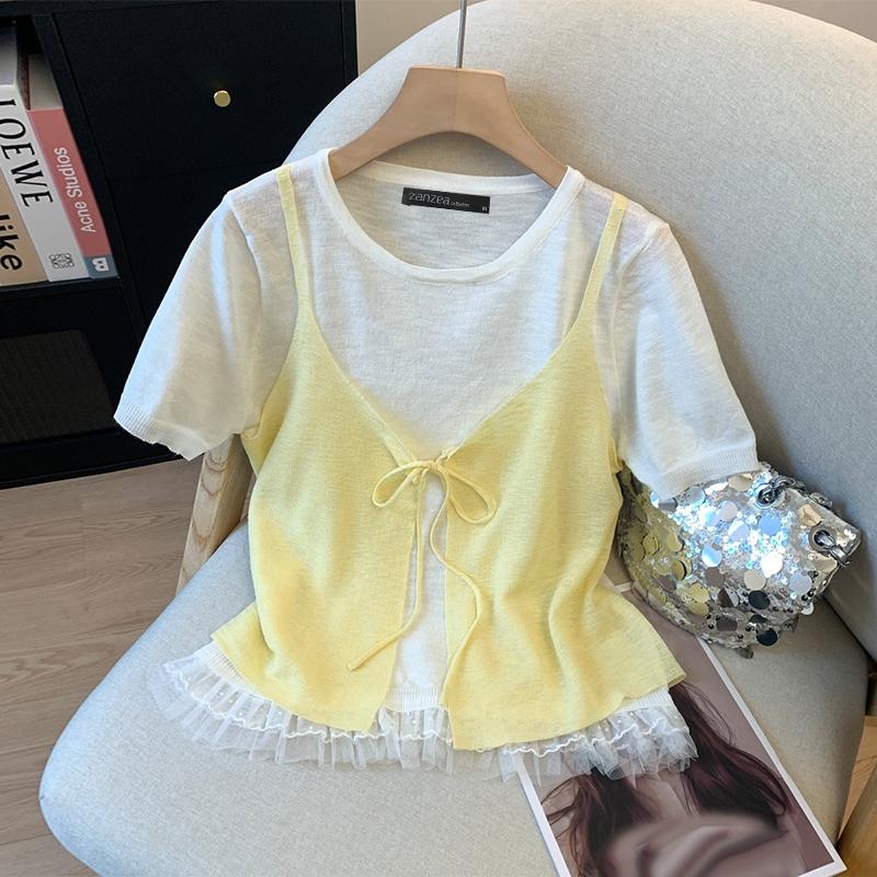 

ZANZEA Женские летние повседневные поддельные двухкомпонентные футболки с коротким рукавом в стиле пэчворк