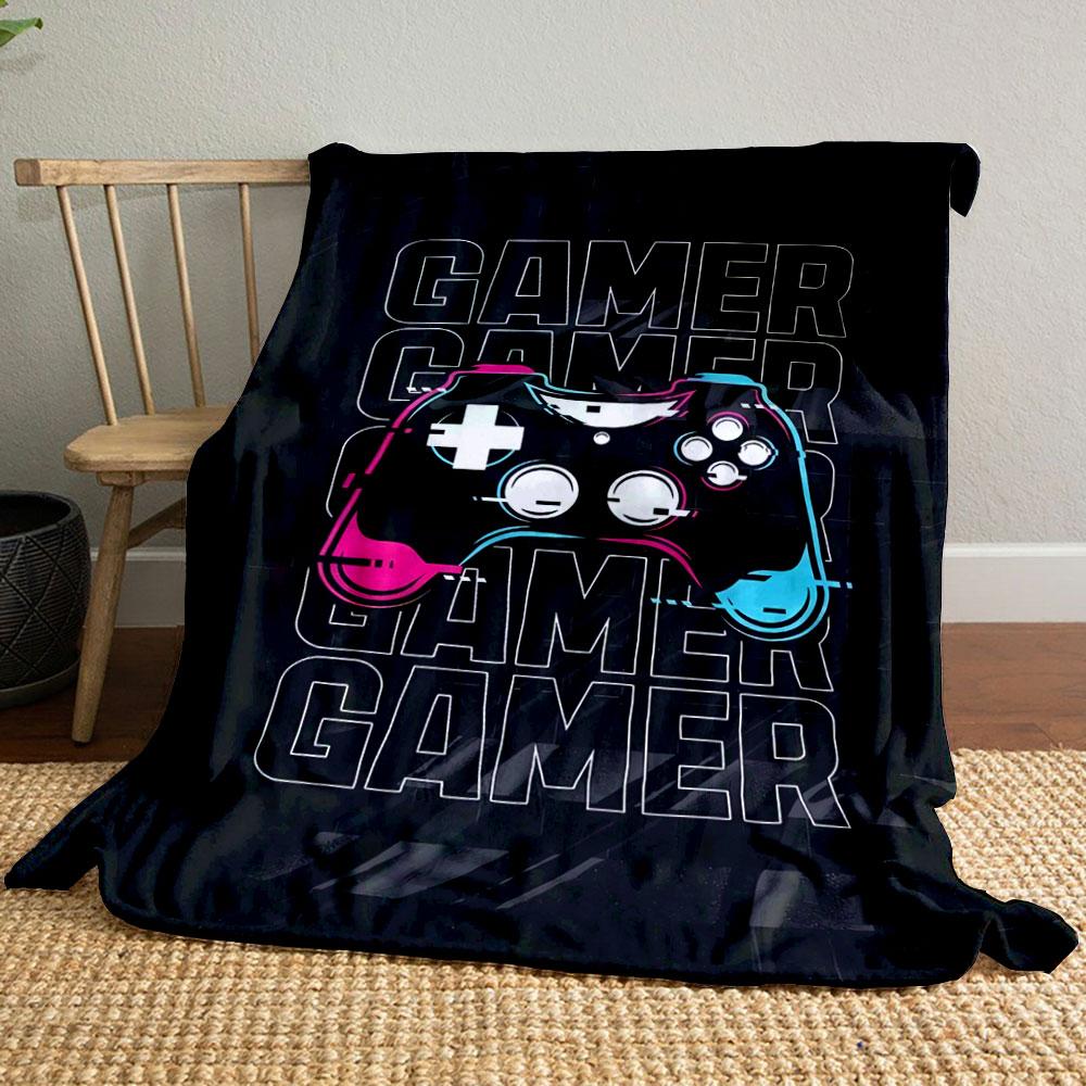 A Colorful Game Controller Over Repeated "GAMER" Text On a Dark Background. for All Seasons Blanket Lunch Break Throw Gift