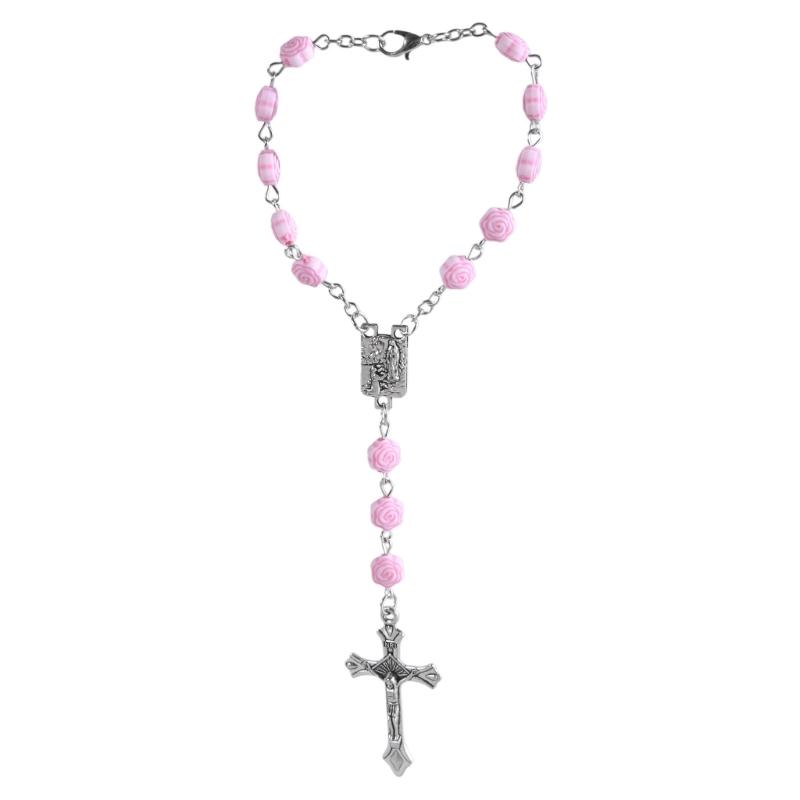 

Beautiful Pink Hand Chain Adornment Unique Beaded Religious Wristband Crosses Pendant Bracelets Bangles 1