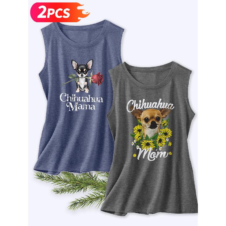 Follow a Specific Direction Two-piece Women's Vest Set Chihuahua Sunflower Rose Print Elegant Summer Party Outfits Sleeveless Vest Essential Fashion