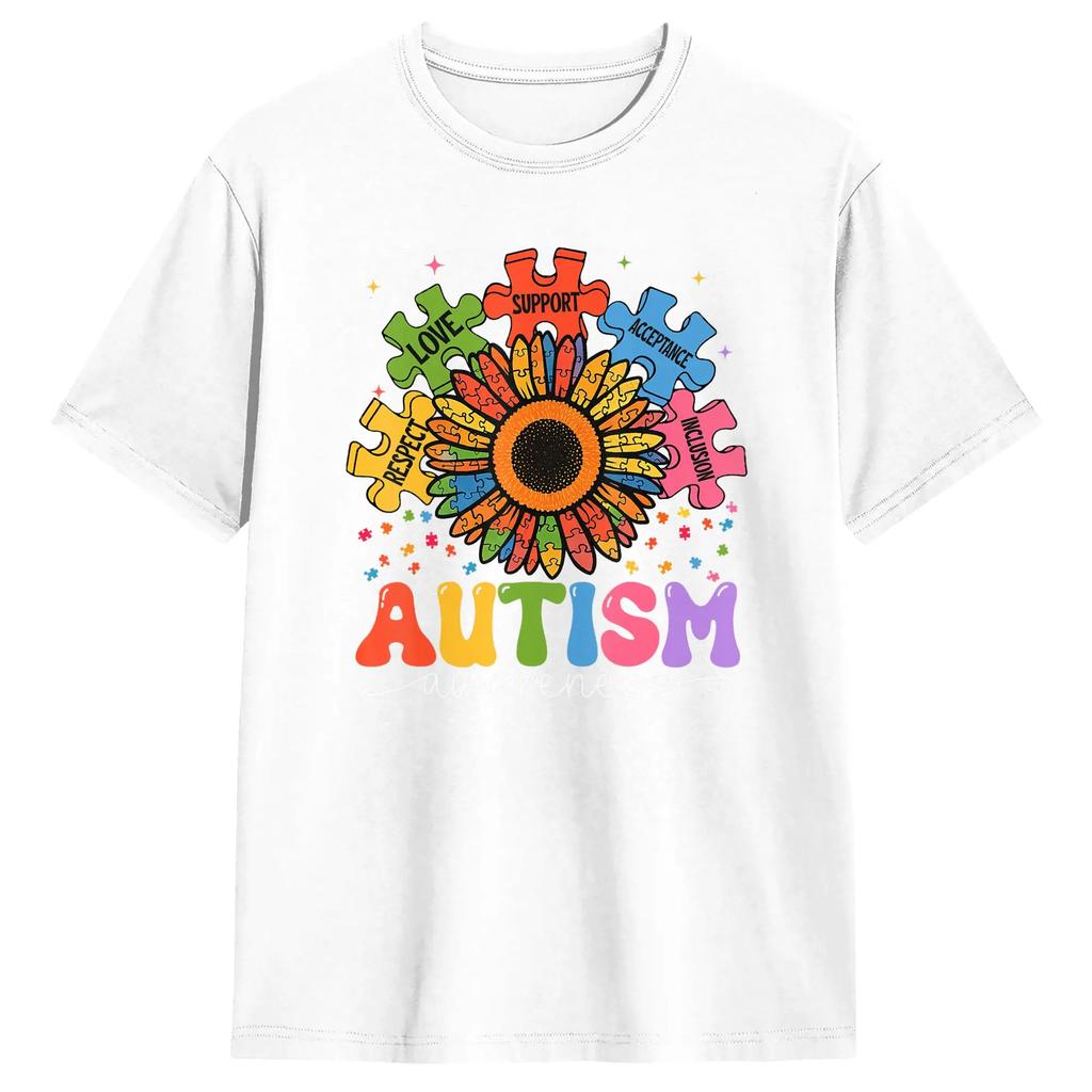 Sunflower Puzzle Respect Love Support Autism T Shirt For Couple Summer T Shirts O Neck Fashion Tees Plus Size Wholesale Clothing