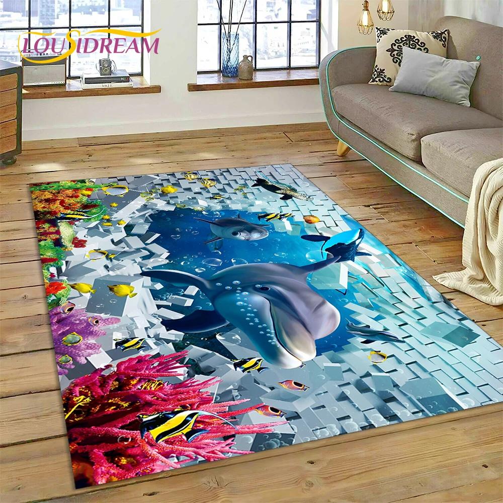 3D Illusion Underwater World Seabed Shark Dolphin Cartoon Carpet Rug for Bedroom Living Room Sofa Decoration,Kid Decor Floor Mat