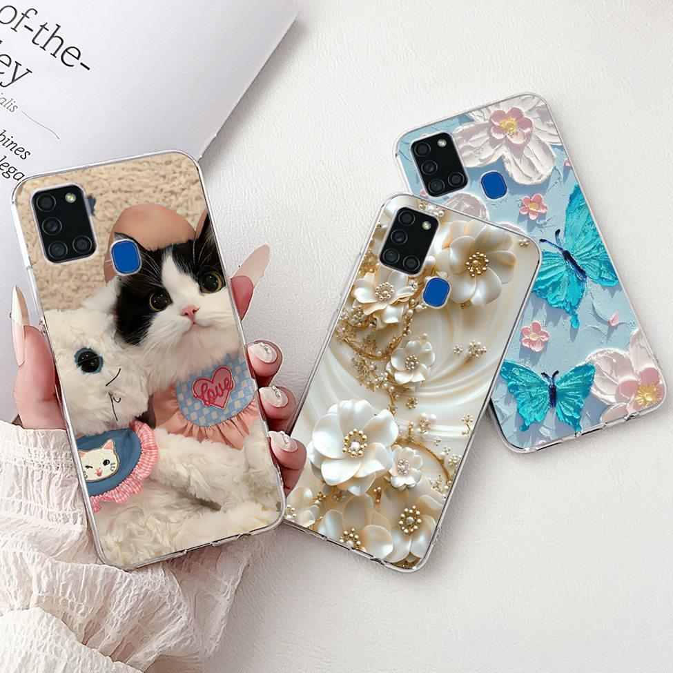 Clear For Samsung A21s SM-A217F SM-A217M Cover For Samsung Galaxy A21s Case Cute Luxury Butterfly Love Flowers Cool Painted
