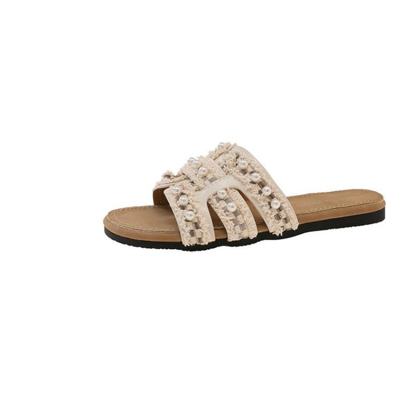 Pearl Sandals Summer Flat Comfortable Women's Shoes with Skirt Comfortable Slippers One Piece