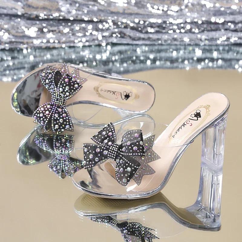 Fashion Rimocy High Heels Crystal Bowtie Slippers Women 2025 Summer Open Toe Transparent Pvc Sandals Woman Clear Heeled Party Slides