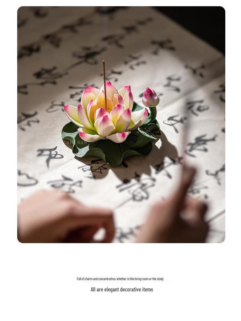 Ceramic Handmade Lotus Incense Holder - No Ash Falling, Indoor Stick Incense Base Ornament