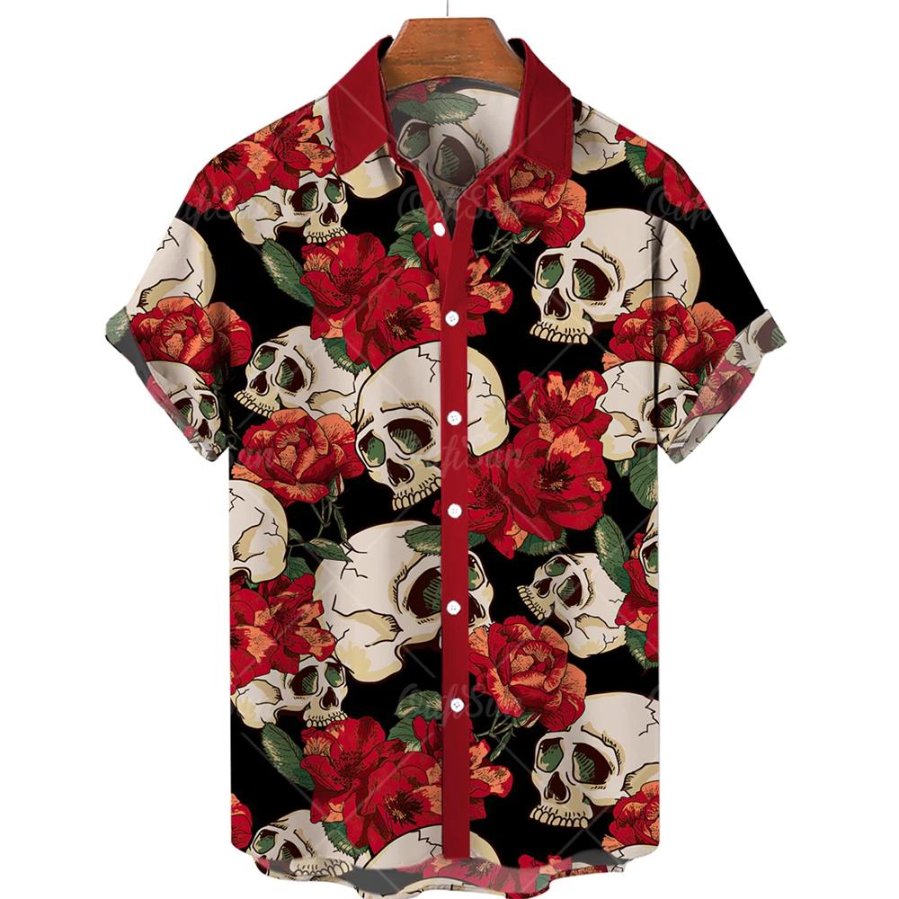 Summer Fashion Men s Short Sleeve 3d Rose Skull Print Hawaiian Shirts Summer Casual Tops Beach Shirts Outdoor Men s and Women s Shirt S
