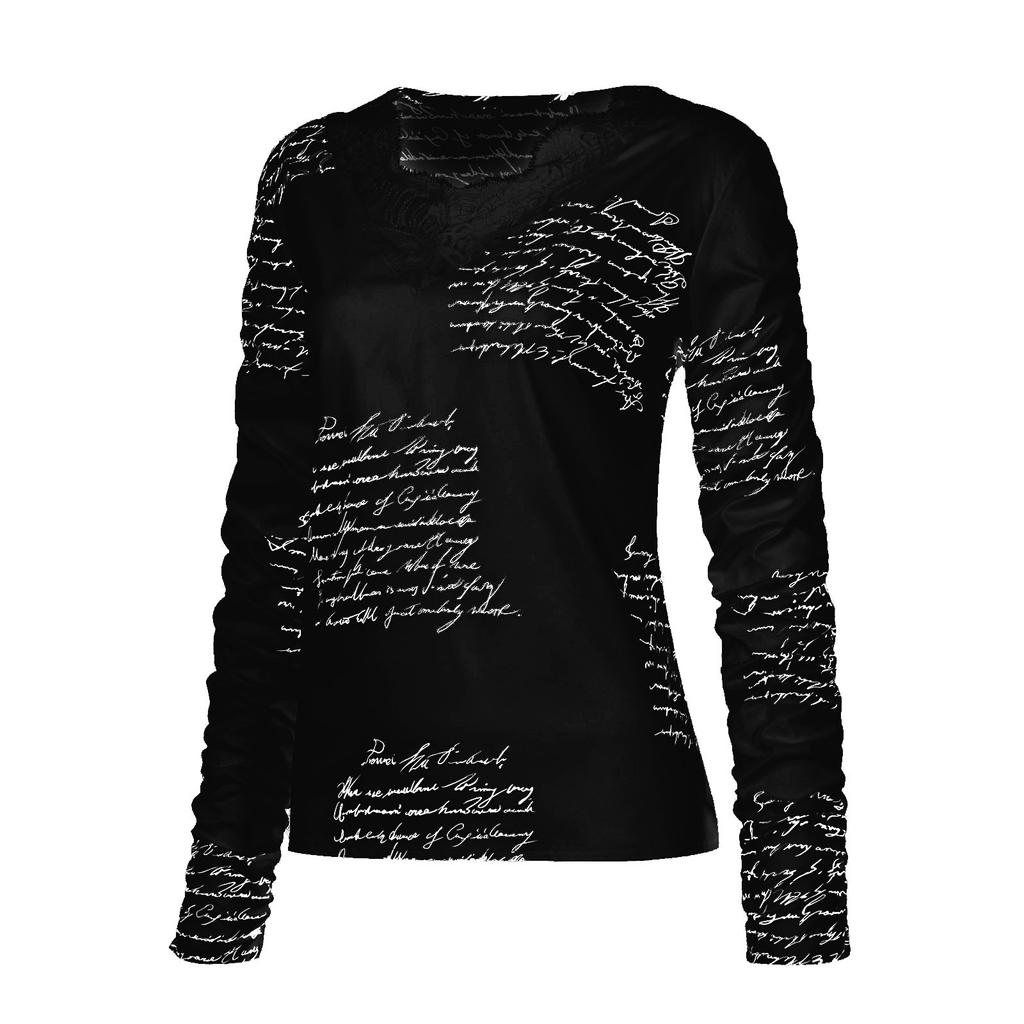Women's Winter Splicing Fashion Lace V-Neck Lace Print Casual Long Sleeve Top
