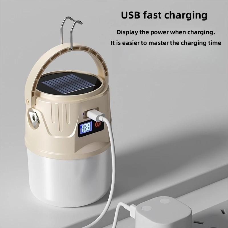 Long Endurance Camping Light Solar Powered Supports Type-C Charging Digital Display Outdoor Tent Light Emergency Light Hook