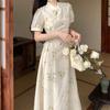 Chinese Gentle Style Retro Sweet Button Up Dress for Women's Summer Oversized Cheongsam with Waistband Tie Up Long Skirt