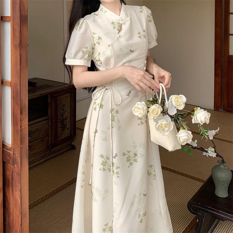 Chinese Gentle Style Retro Sweet Button Up Dress for Women's Summer Oversized Cheongsam with Waistband Tie Up Long Skirt