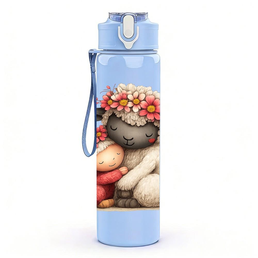 1PC Flower Crown Sheep Cartoon 750ml Color Plastic Sports Water Bottle Leakproof Flip Straw Suitable for Sports Office Home Use