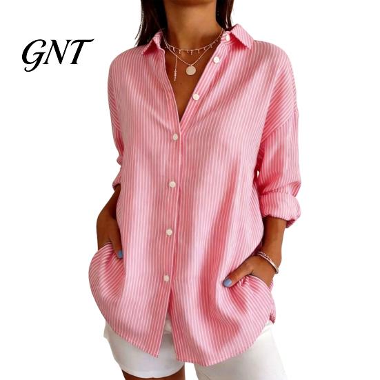 Office Work Tops Women Striped Shirt for Summer Autumn, Button Down Single Loose Fit Shirts Breasted Blouse, Dressy Casual Long Sleeve Collared