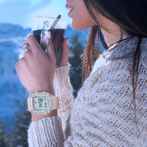 PINDOWS Women's Digital Sports Watch with Clear Transparent Case, Bright LED Light, 5ATM Water Resistance, Stopwatch, Alarm, and Dual Time Display, Id