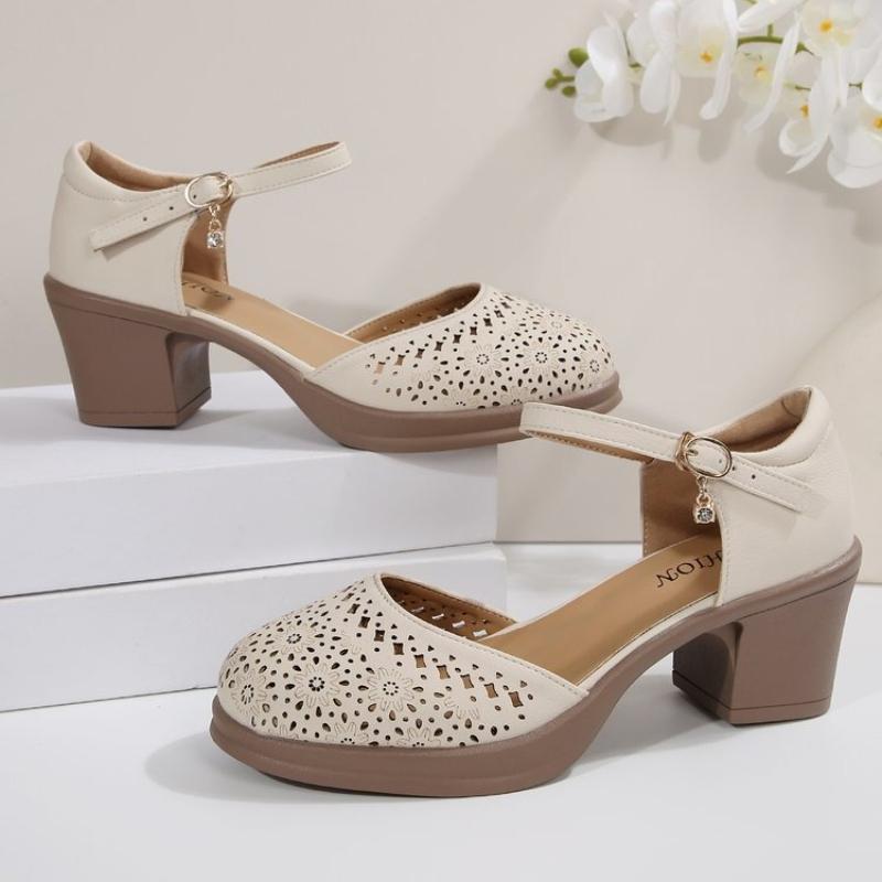 Fashion High Quality Leather Women Sandals Comfort Summer High Heels Non-slip Women Shoes Hollow Sandals Large Size Platform Sandals