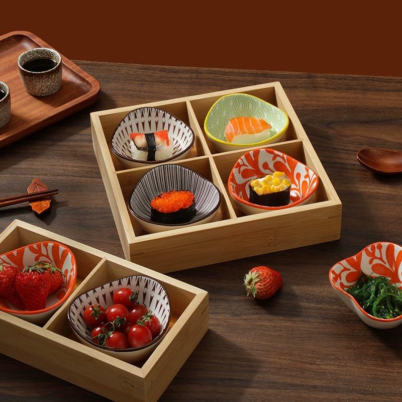 Japanese 6-grid Bamboo Dessert Dish, Colorful Ceramic Plate, Snack Tray, Hot Pot Side Dish, Wooden Grid Plate, Tableware Platter