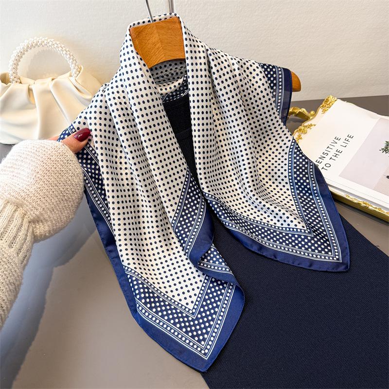 Retro French Polka Dot Spring/ Lightweight Faux Silk Printed Small Scarf Shawl Neckerchief with a High-end Feel for Women