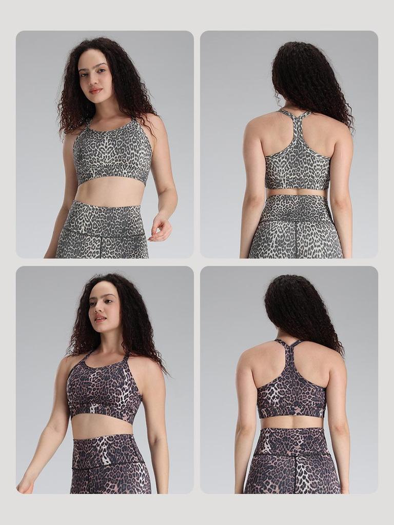 Leopard Print Thin Strap Yoga Bra with Chest Pads - Push-up High Elastic Sports Vest