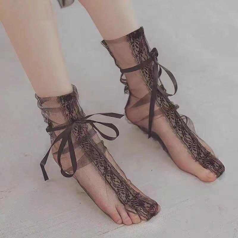 Sexy Schleife Spitze Transparent Rüschen Socken Damenstrümpfe Blumengitter Strümpfe Kniestrümpfe Niedliche Schleife Süße Mädchen Kawaii Socken One Size gray