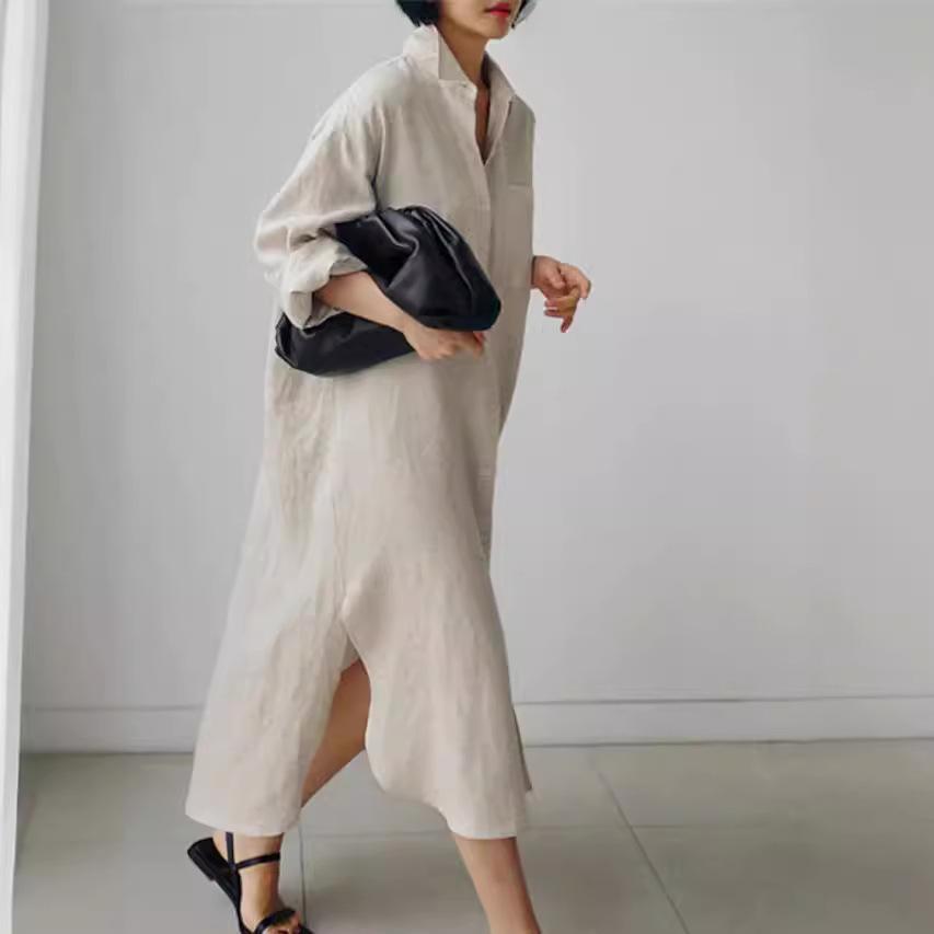 Women Lapel Collar Linen Cotton Long Shirt Dress,Loose Single-Breasted Long Sleeve Maxi Dress Casual Split Tunic Cover-Up S-2XL