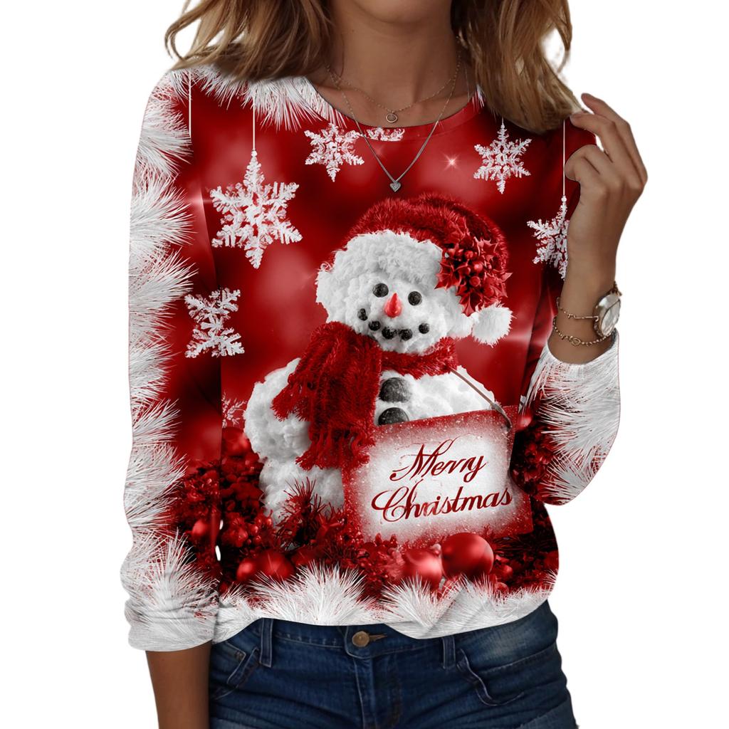 Women's Fashion Christmas Print Neck Long Sleeve Pullover Top for Holiday Wear