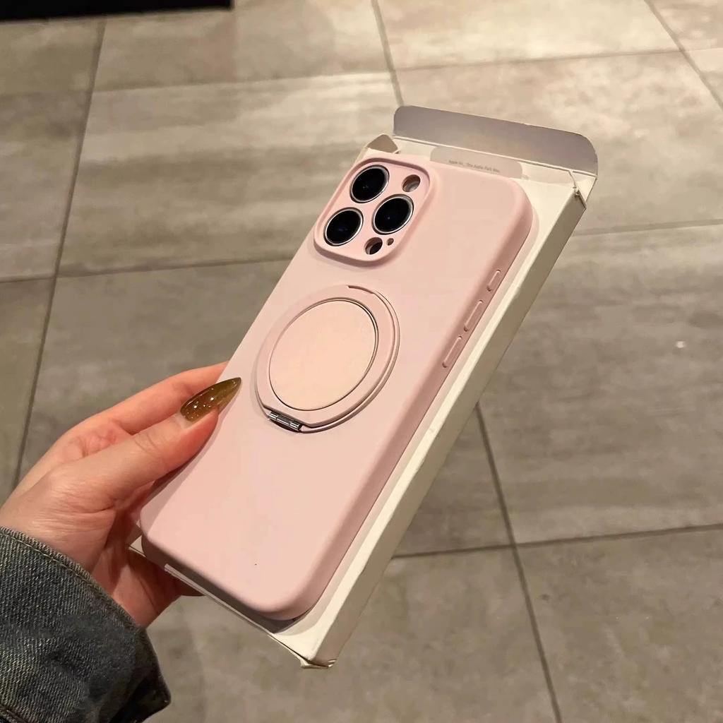 Suitable for Ip16pm Liquid Silicone Magnetic Rotating Stand, Apple 15pro Fine Hole Full Cover Solid Color 14p Protective Case