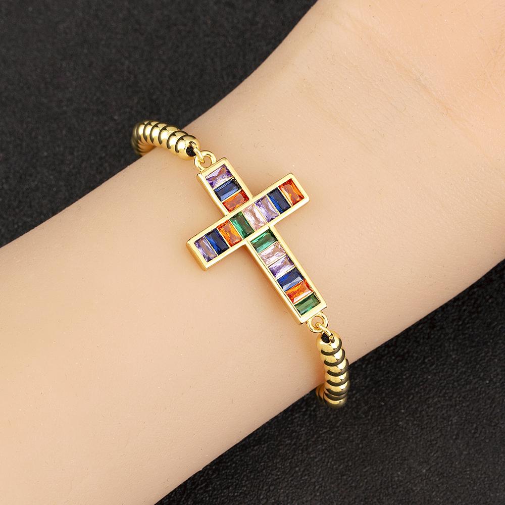 Nidin High Quality Inlaid Colorful Zircon Cross Bracelets Adjustable For Women Men Religious Style Jewelry Accessories Gifts