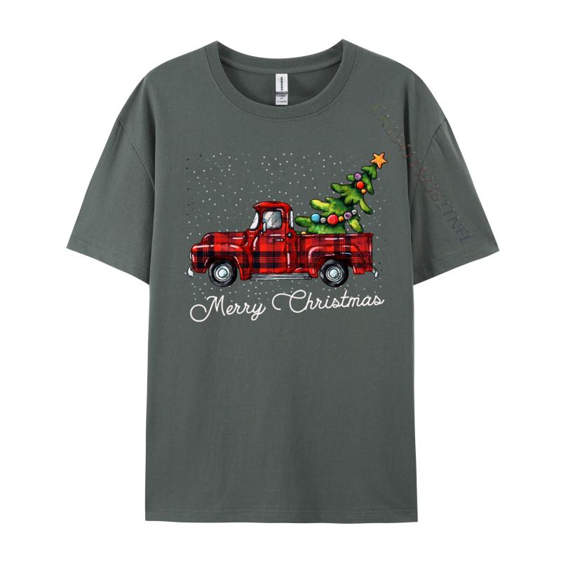 Crafty Merry Christmas Tree On Red Plaid Pickup T-Shirt Men Round-Neck Camisas Casual Tshirt Soft Cotton Fit Tee
