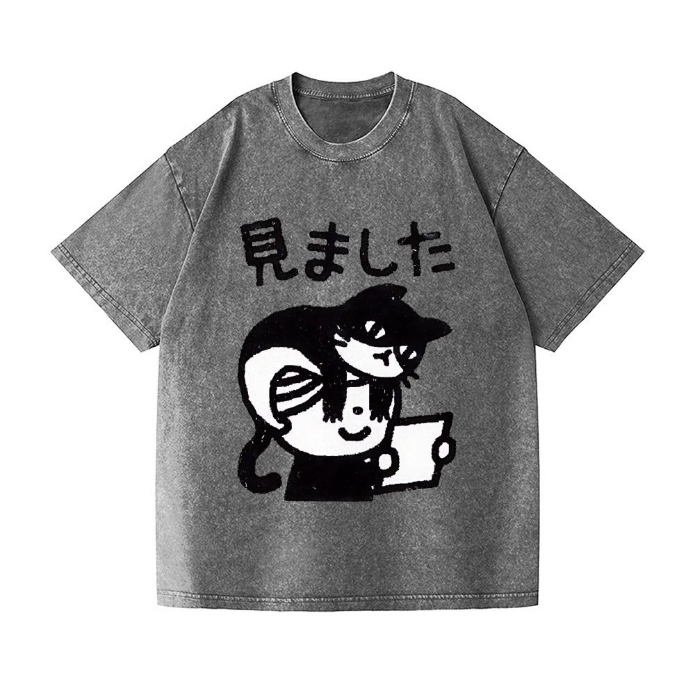 Harajuku Fashion Men's Washed T-shirts Vintage Cat Printing Japanese Design Tees Short Sleeve Round Neck Chic Hiphop Tops