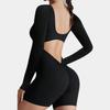 European-American Style Square Neck Backless Fitness Jumpsuit with Long & Short Sleeves