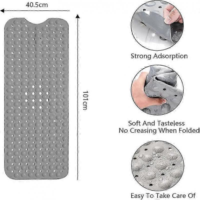 Non-Slip Bath Mat,100 X 40cm,Extra Long Machine Washable,with Suction Cup PVC Material(Grey)