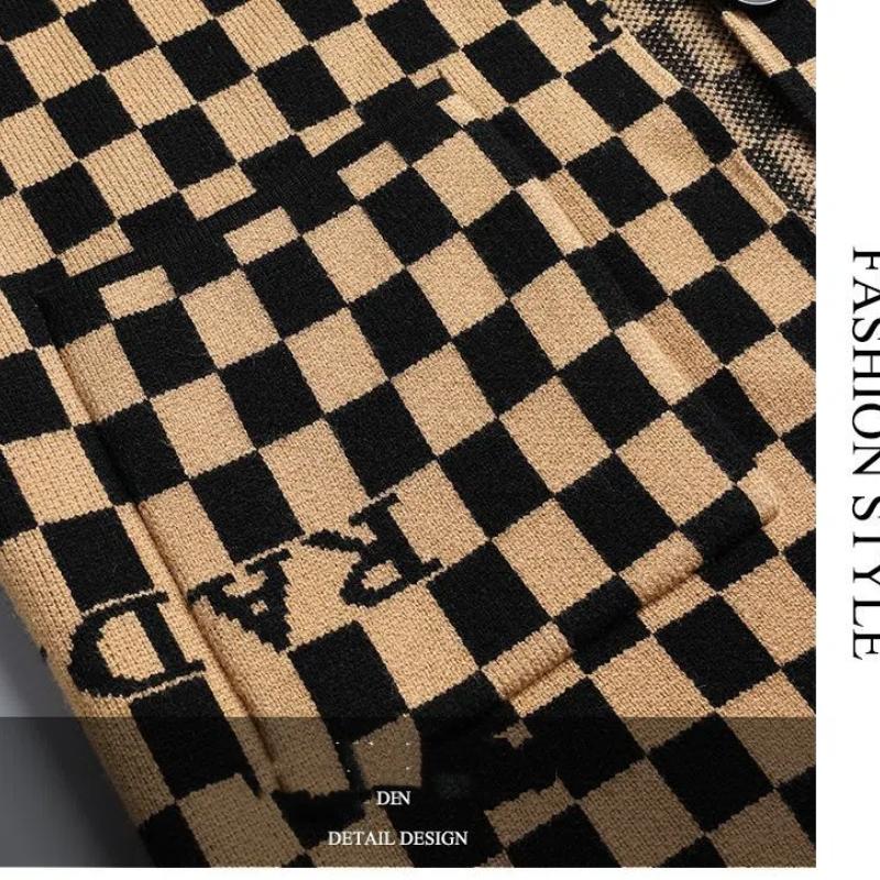 Smart Casual English Elements Plaid Panelled Turn-down Collar New Men Coat Fashion Casual Knit Loose Pockets Cardigan Jacket