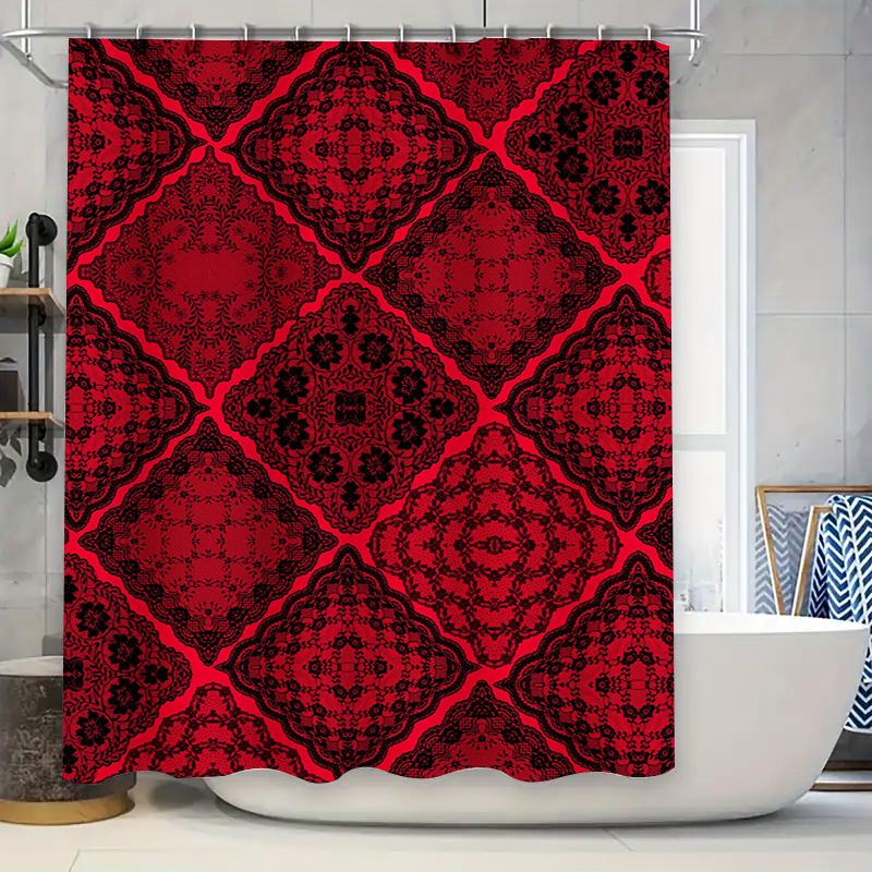 

Red Black Floral Pattern Shower Curtain Waterproof Fabric Decor Home Bath Room Supplies 72X84 In (183X213Cm) With Hooks Set W60H190(CM)-1 Pcs