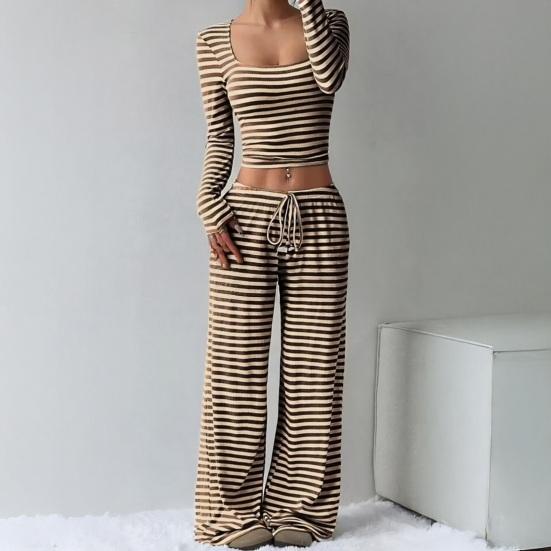 Women's Striped 2 Piece Outfits Long Sleeve Square Neck Cropped Top Drawstring Wide Leg Pants Set Casual Lounge Sweatsuits