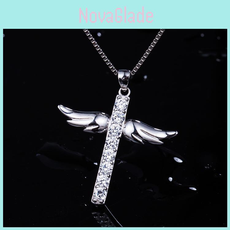 Elegant Silver Women Cross Love Angel Heart Wing Pendant Necklace For Stylish Ladies