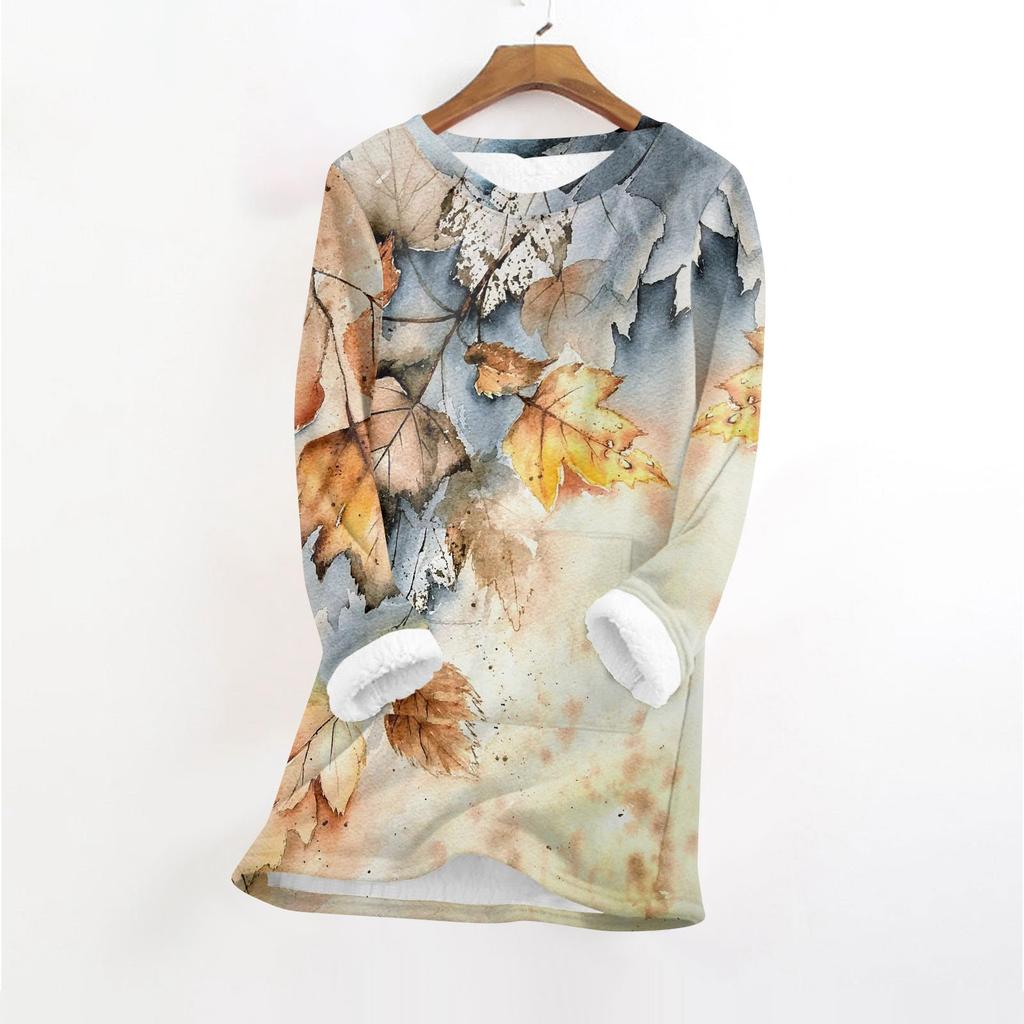 Women's Fashionable Printed Round Neck Long Sleeved Plush Warm Pullover Top