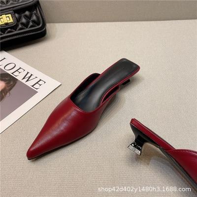 Baotou Half Slippers Women's Summer Versatile Black Pointed Tip Thin Heel Small Heel Women's Shoes Fitting Fashion Thin Feet Wear Cool Slippers