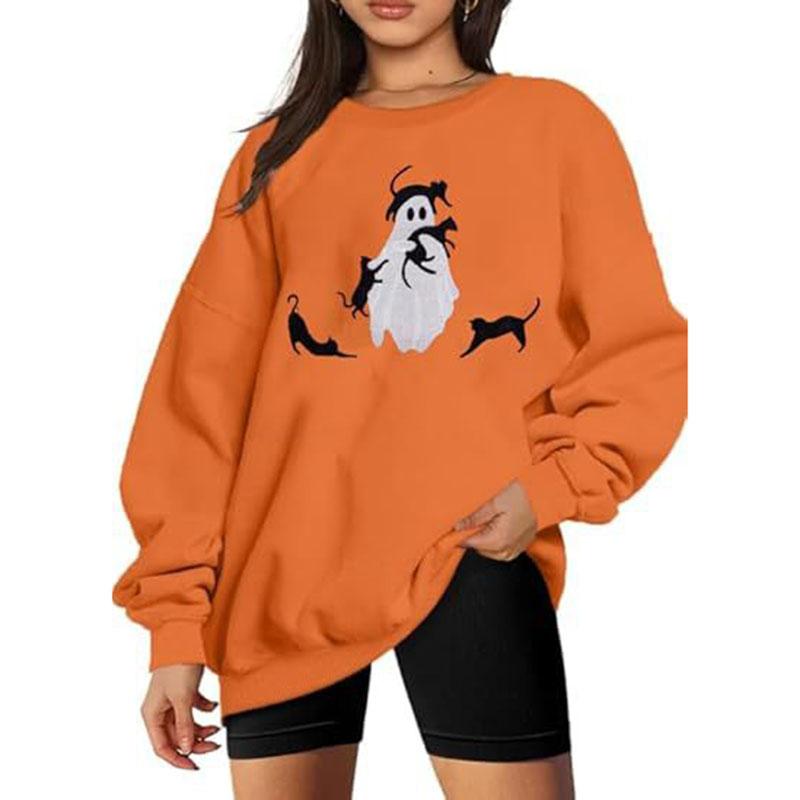 Hallowmas Ghost Print Long Sleeve Sweatshirt Women Crew Neck Oversized Pullover Top