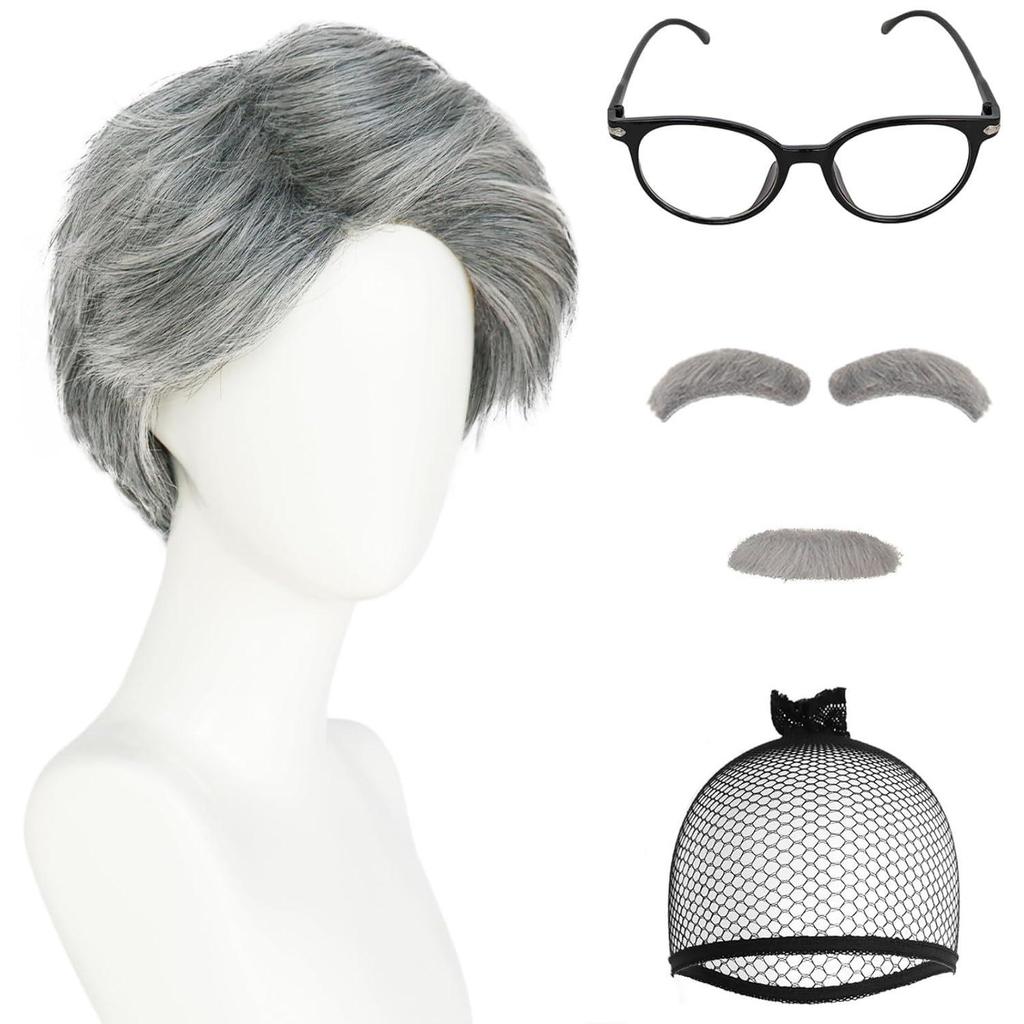 Middle-Aged & Elderly Men's Costume Wig, Grandpa Gray Wig with Beard and Glasses Set