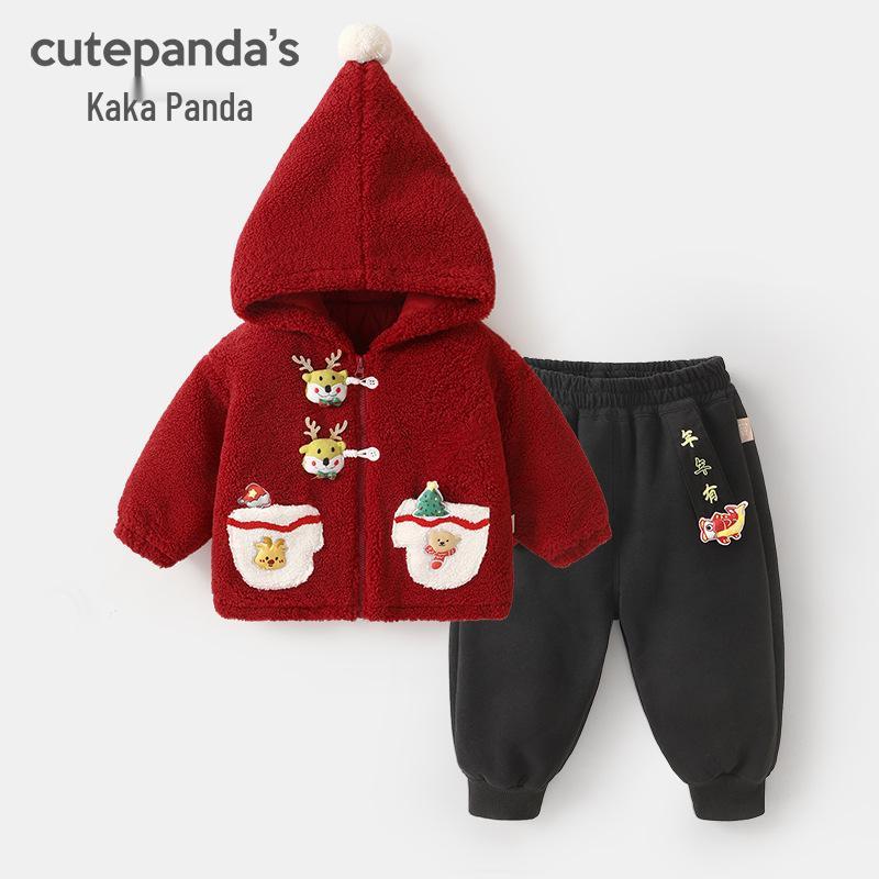 

Panda Boys Christmas Set: Padded Jacket & Velvet Pants for Kids - Warm New Year Outfit 80 cm